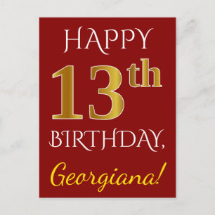 Red, Faux Gold 13th Birthday + Custom Name Postcard