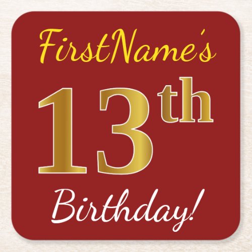 Red Faux Gold 13th Birthday  Custom Name Square Paper Coaster