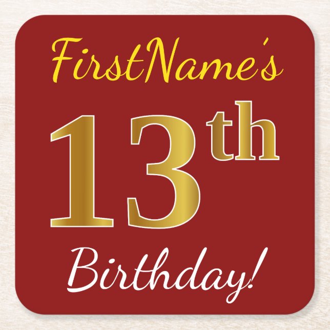 Red, Faux Gold 13th Birthday + Custom Name Square Paper Coaster (Front)