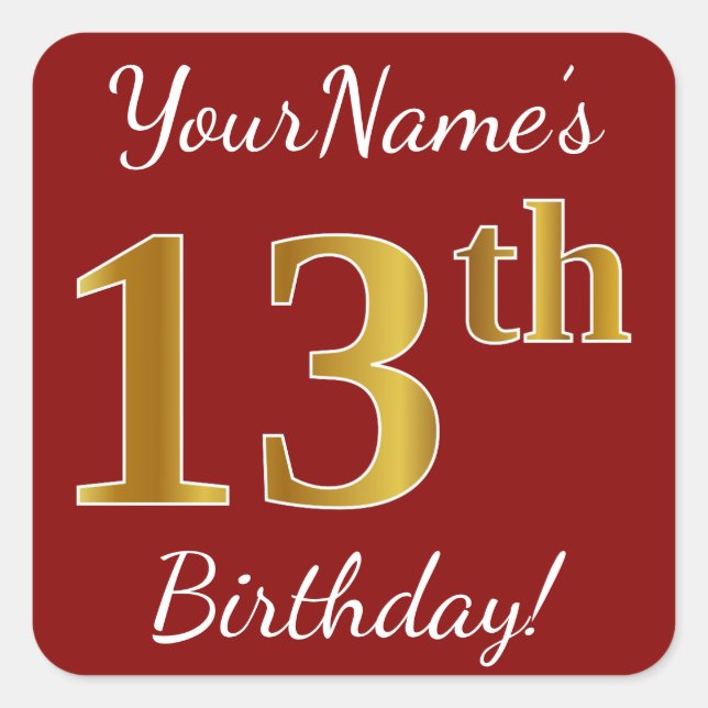 Red, Faux Gold 13th Birthday + Custom Name Sticker (Front)