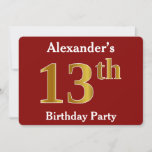 [ Thumbnail: Red, Faux Gold 13th Birthday Party + Custom Name Invitation ]