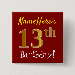 Red, Faux Gold 13th Birthday, With Custom Name Button