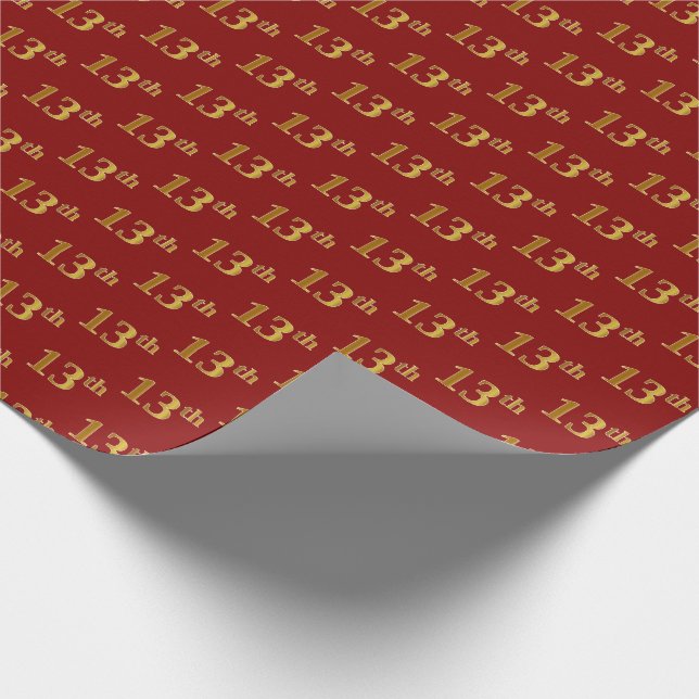 Red, Faux Gold 13th (Thirteenth) Event Wrapping Paper (Corner)