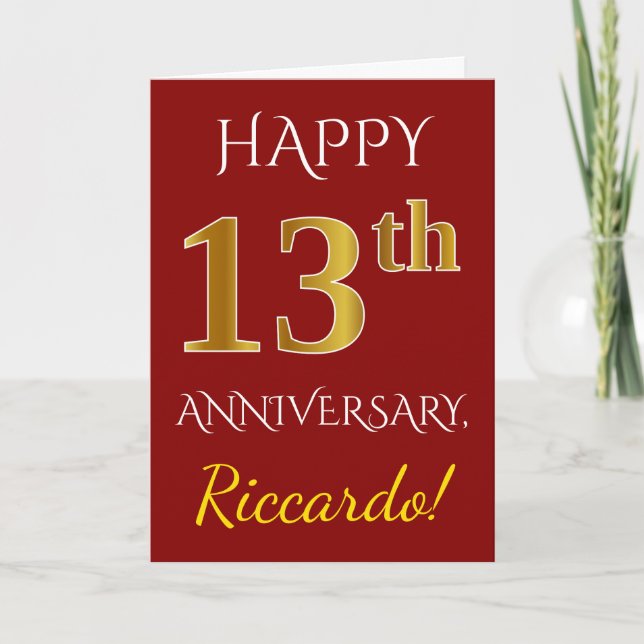 Red, Faux Gold 13th Wedding Anniversary + Name Card (Front)