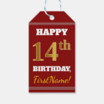 [ Thumbnail: Red, Faux Gold 14th Birthday + Custom Name Gift Tags ]