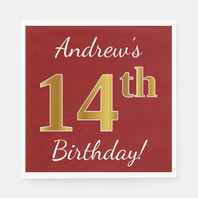 Red, Faux Gold 14th Birthday + Custom Name Paper Napkins (Front)