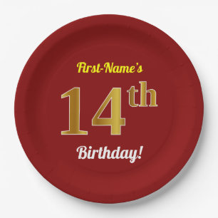 Red, Faux Gold 14th Birthday + Custom Name Paper Plates