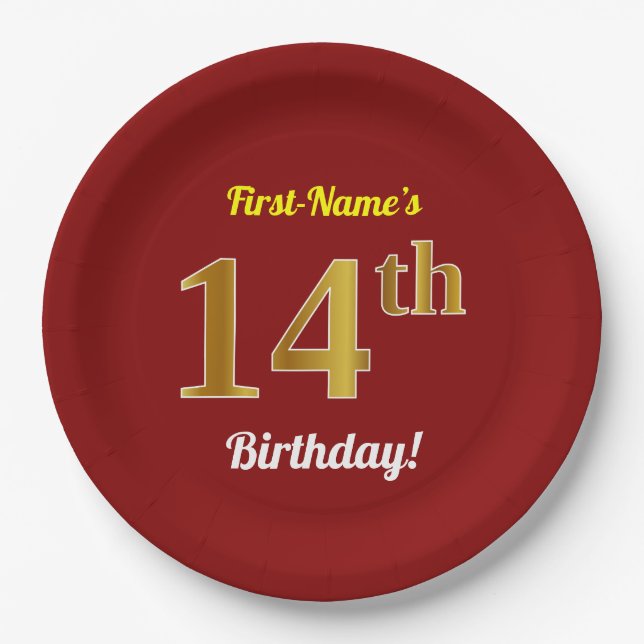 Red, Faux Gold 14th Birthday + Custom Name Paper Plates (Front)