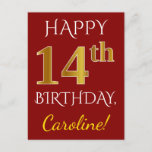[ Thumbnail: Red, Faux Gold 14th Birthday + Custom Name Postcard ]