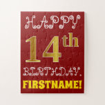 [ Thumbnail: Red, Faux Gold 14th Birthday + Custom Name Puzzle ]