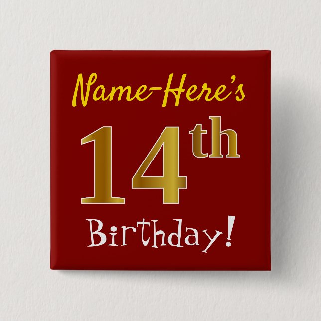 Red, Faux Gold 14th Birthday, With Custom Name Pinback Button (Front)