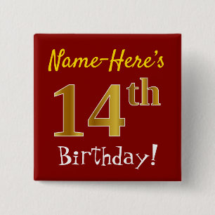 Red, Faux Gold 14th Birthday, With Custom Name Pinback Button