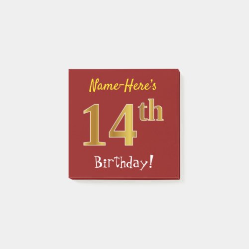 Red Faux Gold 14th Birthday With Custom Name Post_it Notes