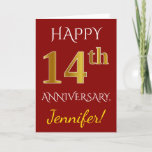 [ Thumbnail: Red, Faux Gold 14th Wedding Anniversary + Name Card ]