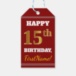[ Thumbnail: Red, Faux Gold 15th Birthday + Custom Name Gift Tags ]