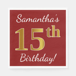Red, Faux Gold 15th Birthday + Custom Name Paper Napkins