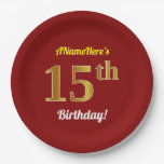 [ Thumbnail: Red, Faux Gold 15th Birthday + Custom Name Paper Plates ]