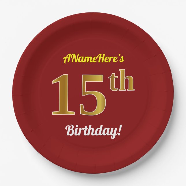Red, Faux Gold 15th Birthday + Custom Name Paper Plates (Front)