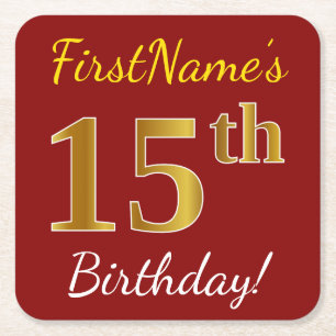 Red, Faux Gold 15th Birthday + Custom Name Square Paper Coaster