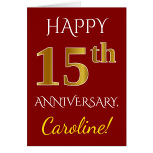 Red, Faux Gold 15th Wedding Anniversary + Name Cards