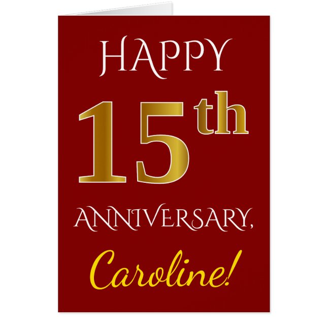 Red, Faux Gold 15th Wedding Anniversary + Name Cards (Front)