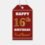 [ Thumbnail: Red, Faux Gold 16th Birthday + Custom Name Gift Tags ]