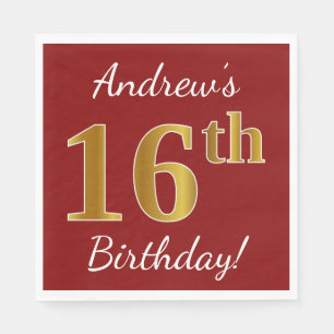 Red, Faux Gold 16th Birthday + Custom Name Paper Napkins