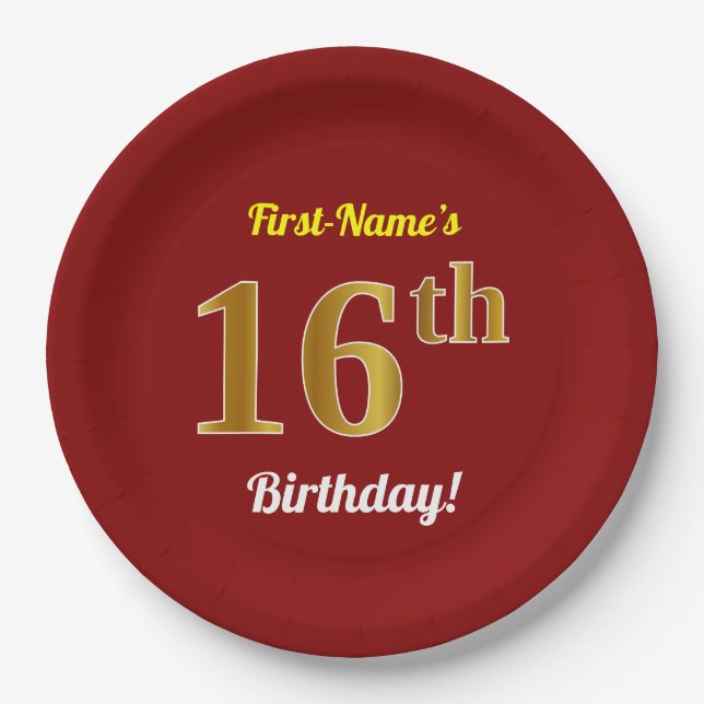 Red, Faux Gold 16th Birthday + Custom Name Paper Plates (Front)