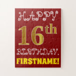 [ Thumbnail: Red, Faux Gold 16th Birthday + Custom Name Puzzle ]