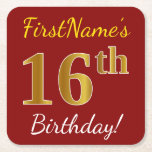 [ Thumbnail: Red, Faux Gold 16th Birthday + Custom Name Paper Coaster ]