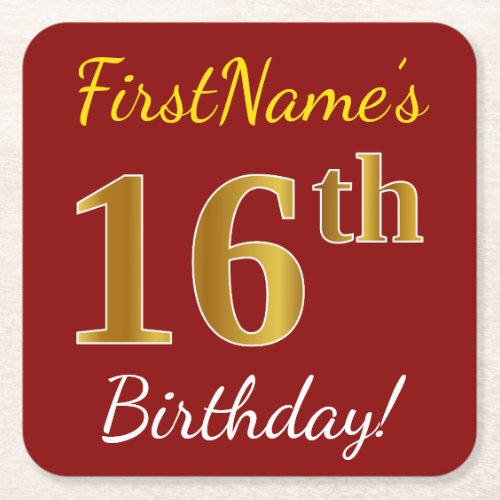 Red Faux Gold 16th Birthday  Custom Name Square Paper Coaster