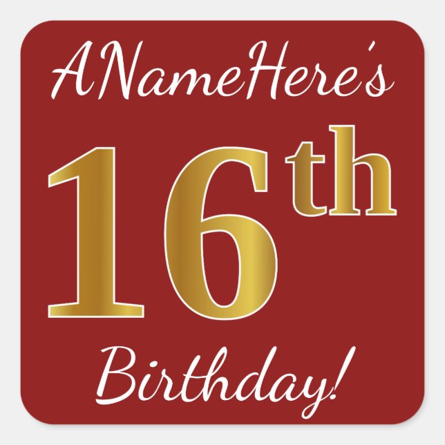 Red, Faux Gold 16th Birthday + Custom Name Sticker (Front)