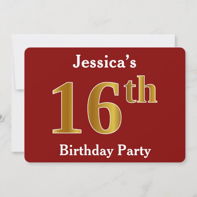 Red, Faux Gold 16th Birthday Party + Custom Name Invitation (Front)