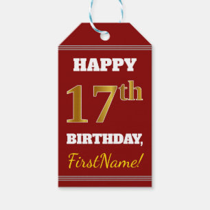 Red, Faux Gold 17th Birthday + Custom Name Gift Tags