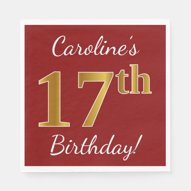 Red, Faux Gold 17th Birthday + Custom Name Napkins (Front)