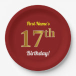 [ Thumbnail: Red, Faux Gold 17th Birthday + Custom Name Paper Plates ]