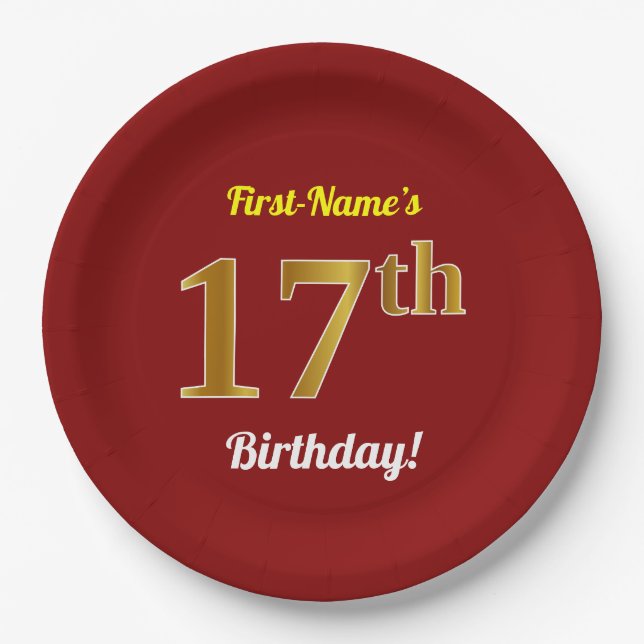 Red, Faux Gold 17th Birthday + Custom Name Paper Plates (Front)