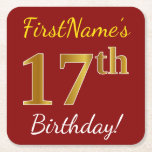 [ Thumbnail: Red, Faux Gold 17th Birthday + Custom Name Paper Coaster ]