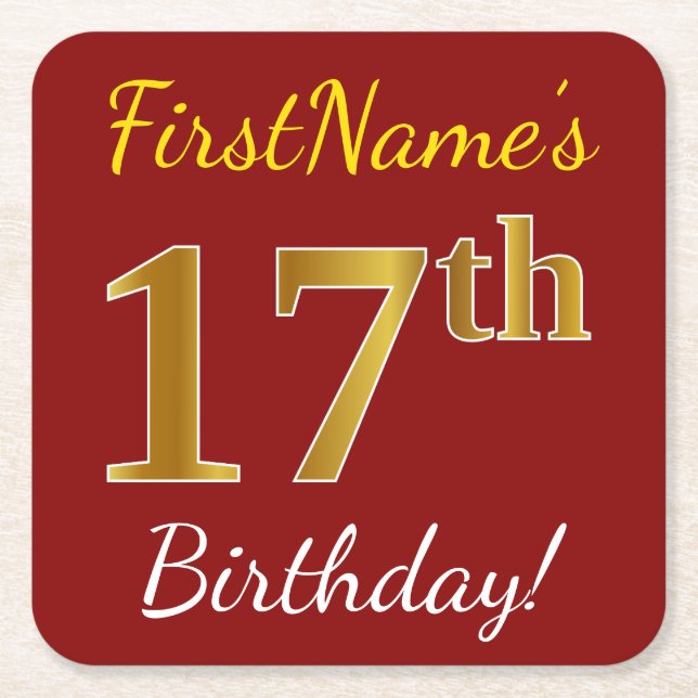Red, Faux Gold 17th Birthday + Custom Name Square Paper Coaster (Front)