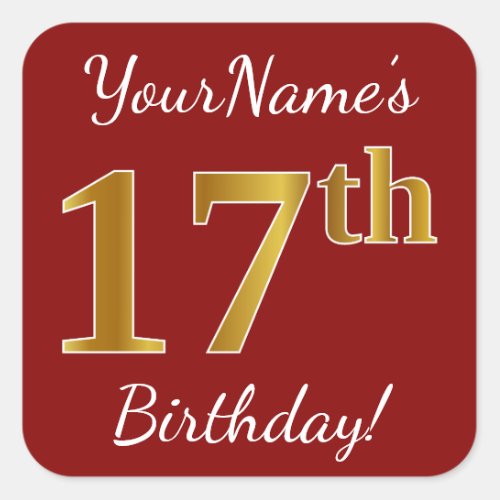 Red Faux Gold 17th Birthday  Custom Name Sticker