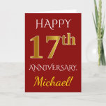 [ Thumbnail: Red, Faux Gold 17th Wedding Anniversary + Name Card ]