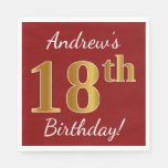 [ Thumbnail: Red, Faux Gold 18th Birthday + Custom Name Paper Napkin ]