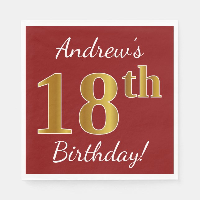 Red, Faux Gold 18th Birthday + Custom Name Paper Napkins (Front)