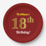 [ Thumbnail: Red, Faux Gold 18th Birthday + Custom Name Paper Plates ]