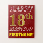 [ Thumbnail: Red, Faux Gold 18th Birthday + Custom Name Puzzle ]