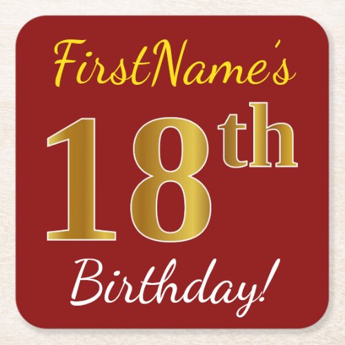 Red Faux Gold 18th Birthday  Custom Name Square Paper Coaster