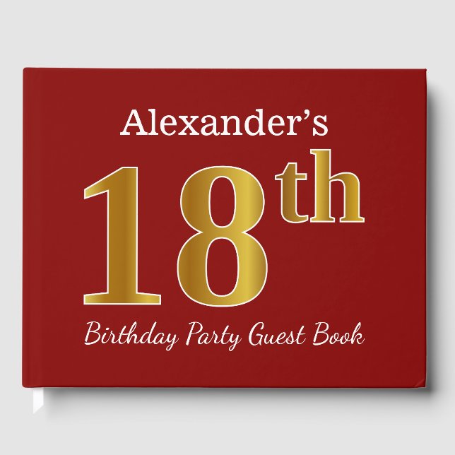 Red, Faux Gold 18th Birthday Party + Custom Name Guest Book (Front)