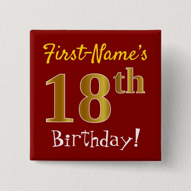 Red, Faux Gold 18th Birthday, With Custom Name Button (Front)