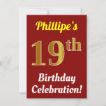 [ Thumbnail: Red, Faux Gold 19th Birthday Celebration + Name Invitation ]