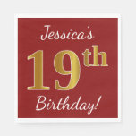 [ Thumbnail: Red, Faux Gold 19th Birthday + Custom Name Paper Napkin ]